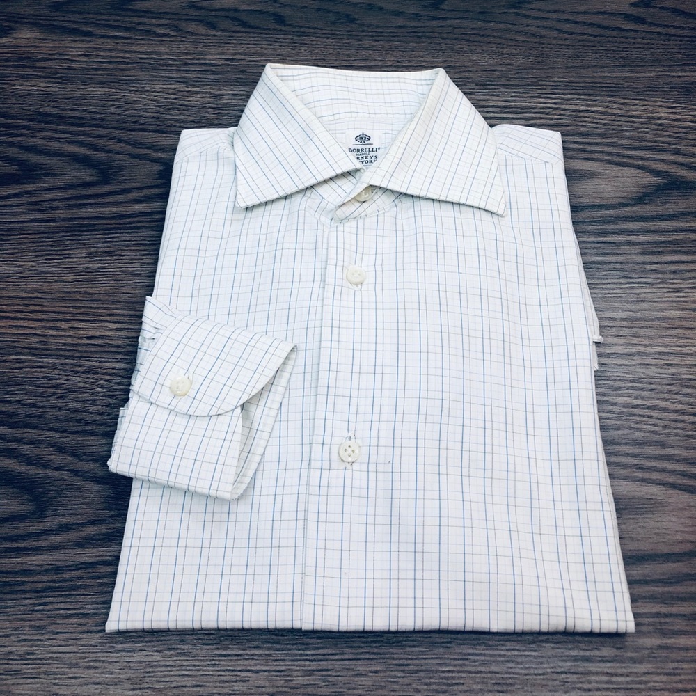 Borrelli White w/ Blue & Navy Check Shirt 14.5